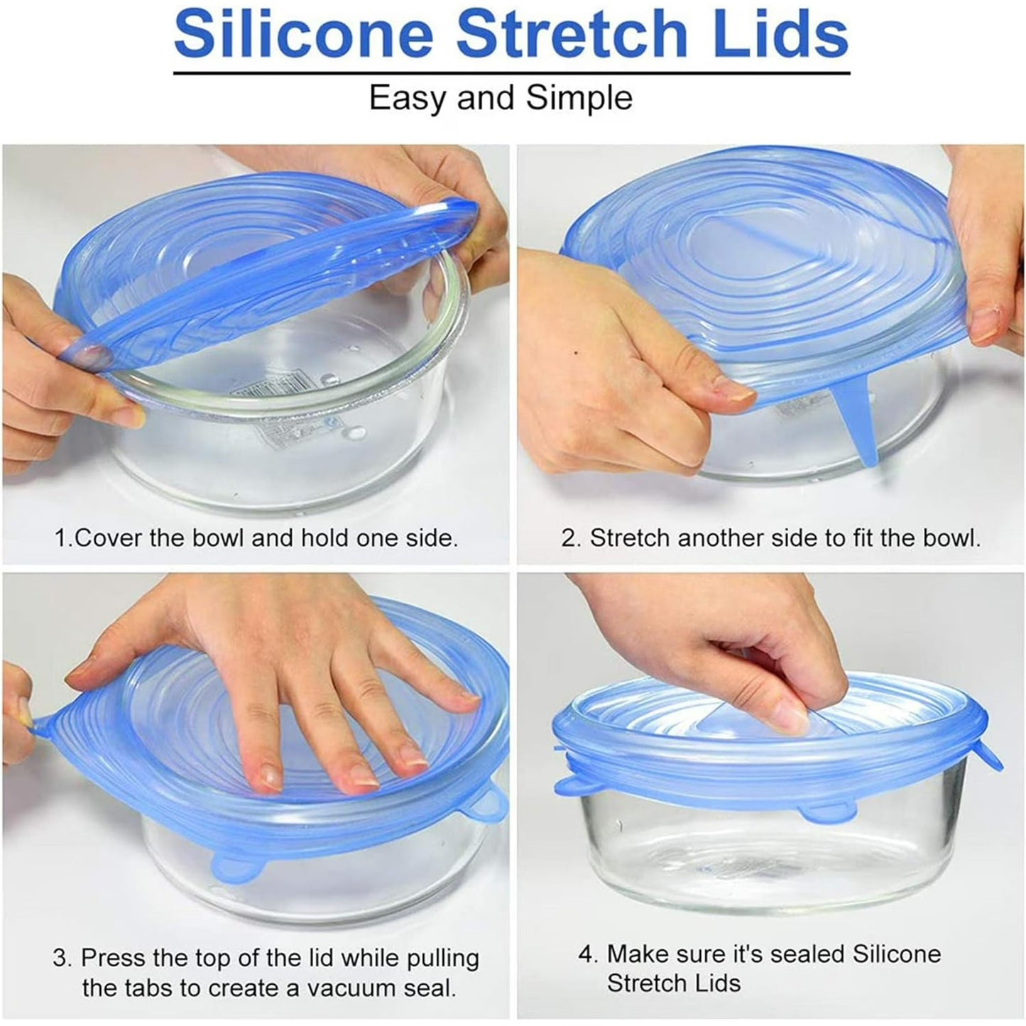 6-Pcs Reusable Silicone Stretch Lids for Bowls & Containers (Blue)