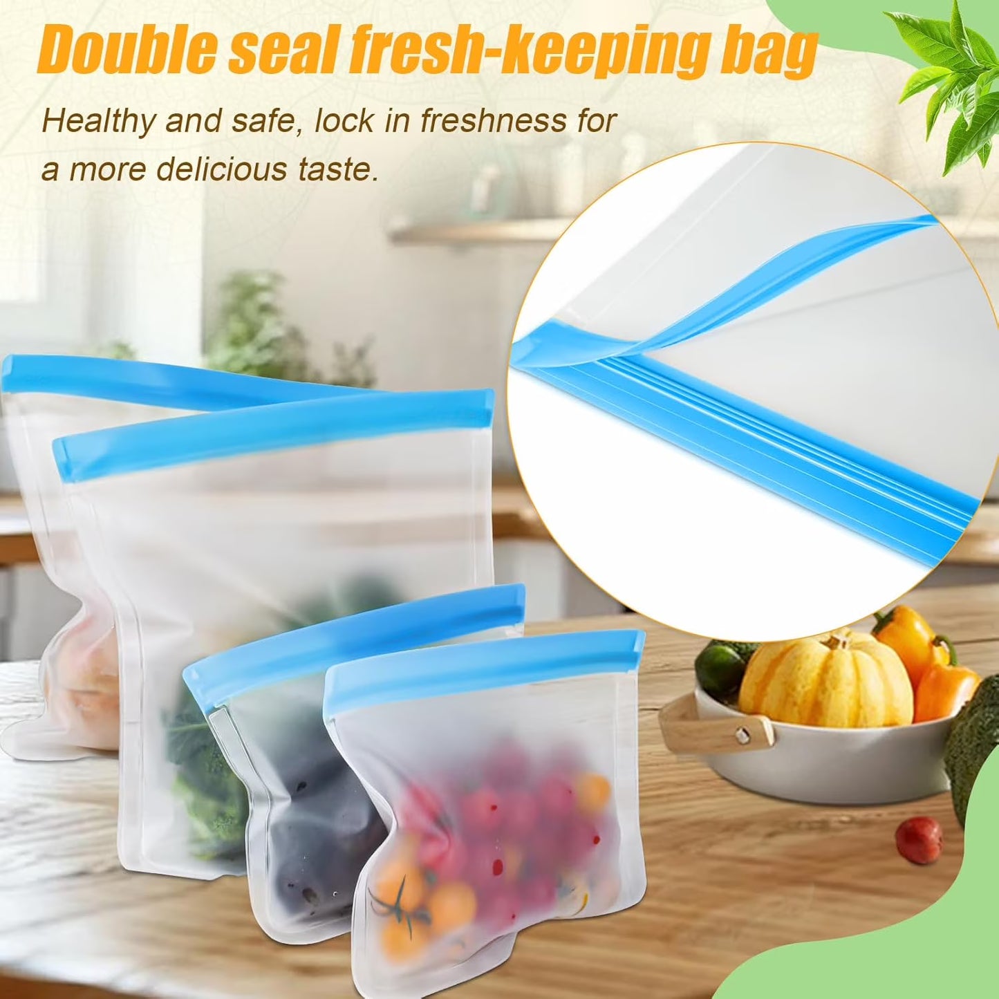 10-Pack Reusable Silicone Food Storage Bags