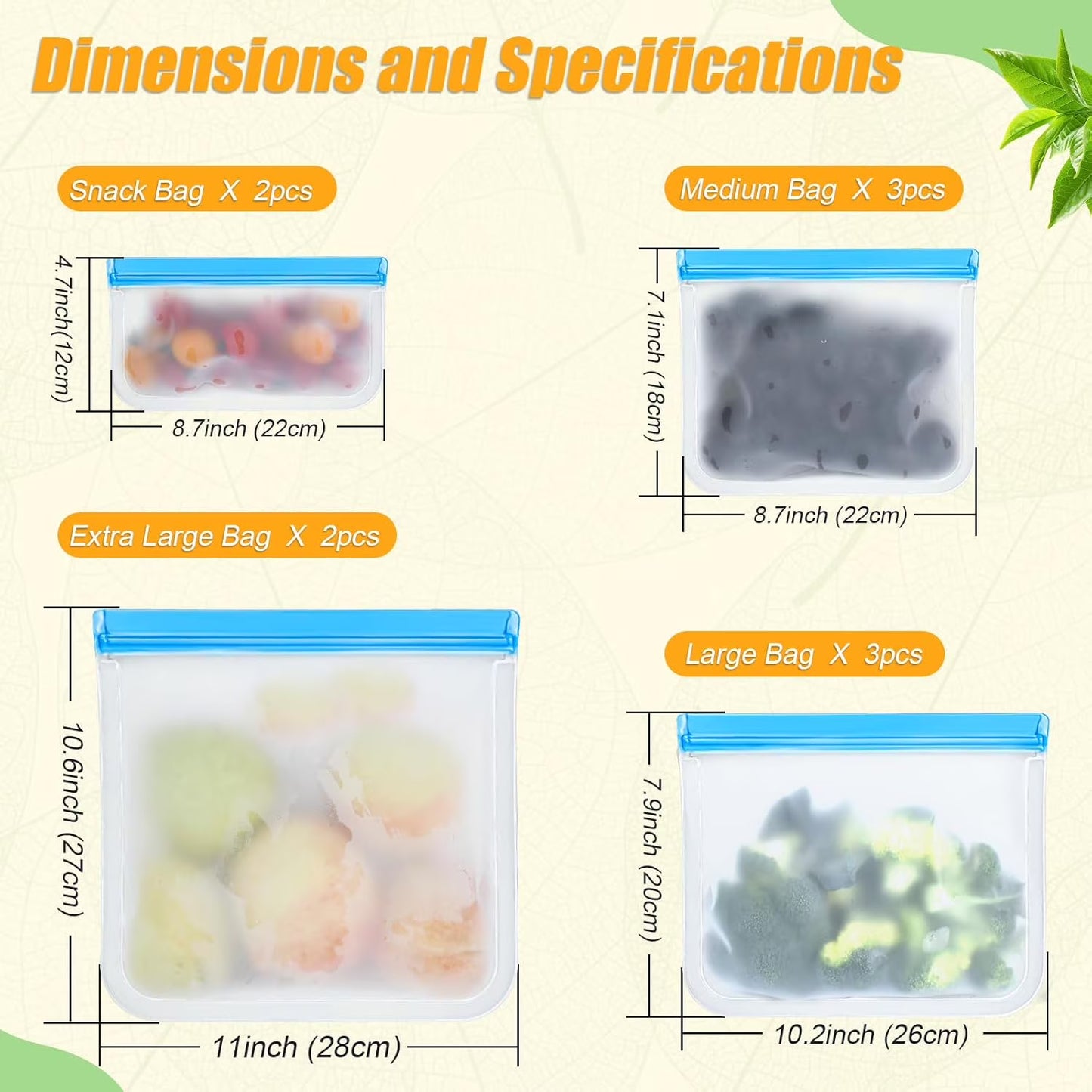 10-Pack Reusable Silicone Food Storage Bags