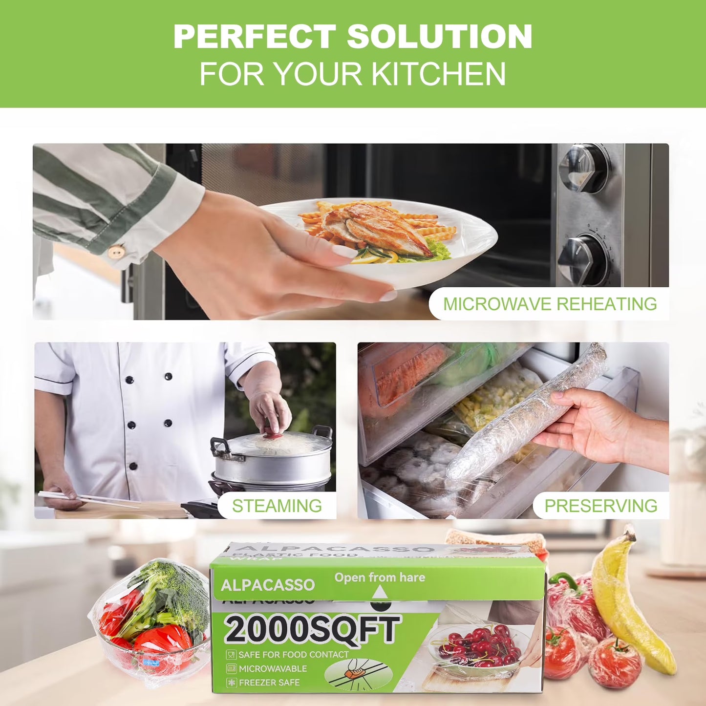 Alpacasso BPA-Free Plastic Food Wrap with Slide Cutter (12 in x 2000 ft)
