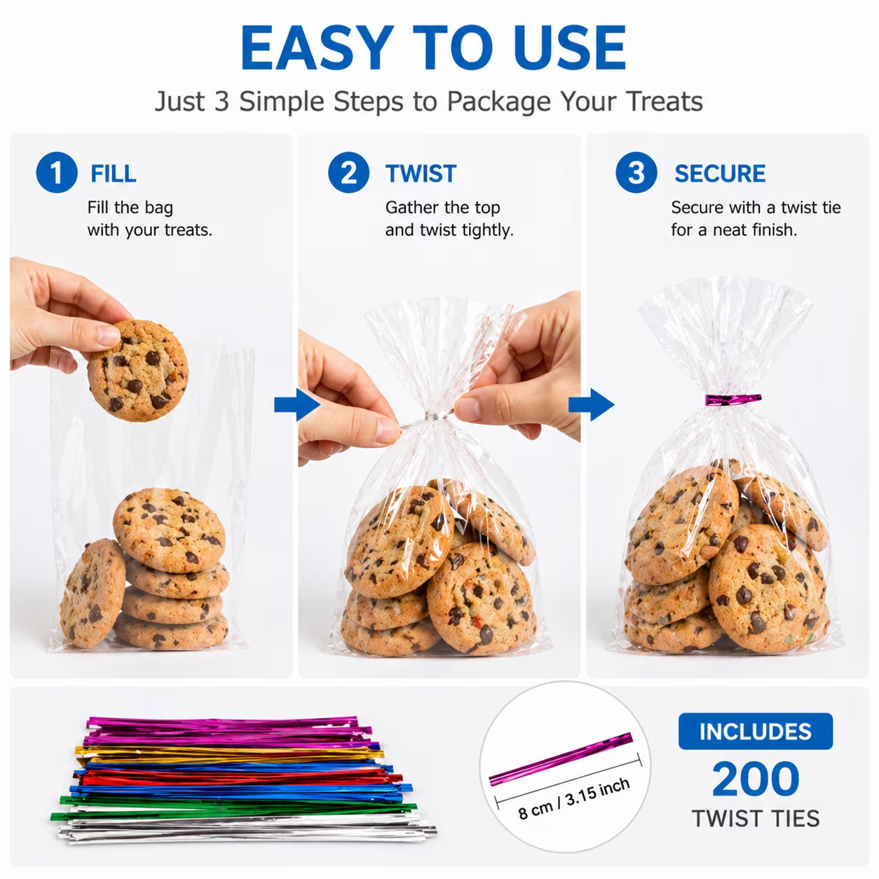 200-Pcs Clear Cellophane Treat Bags with Twist Ties