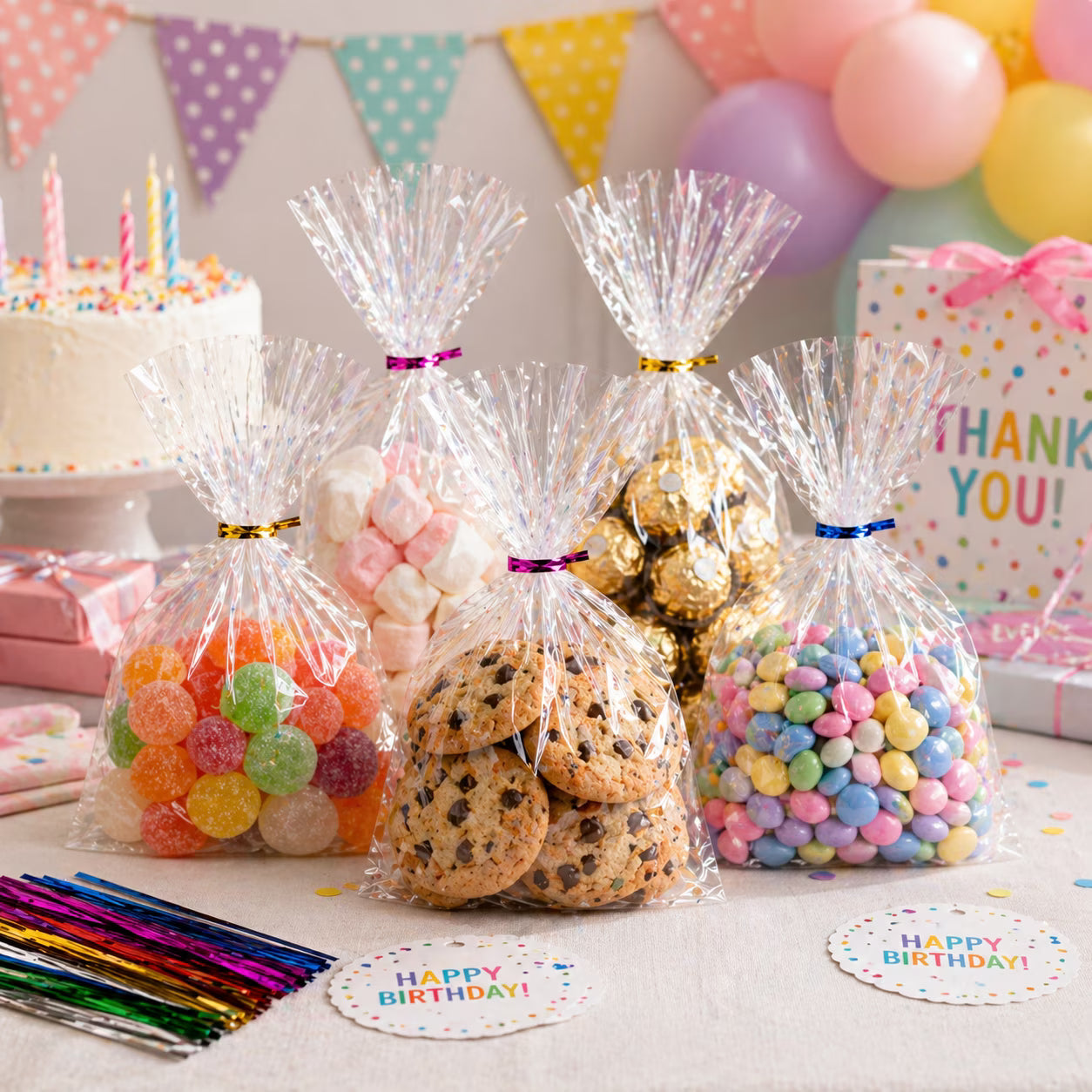 200-Pcs Clear Cellophane Treat Bags with Twist Ties